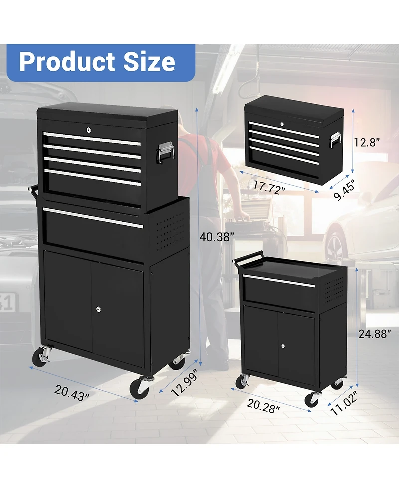 Homfan rolling steel tool chest with detachable top box, lockable drawers and cabinet, swivel casters, side handles, and rust-resistant finish