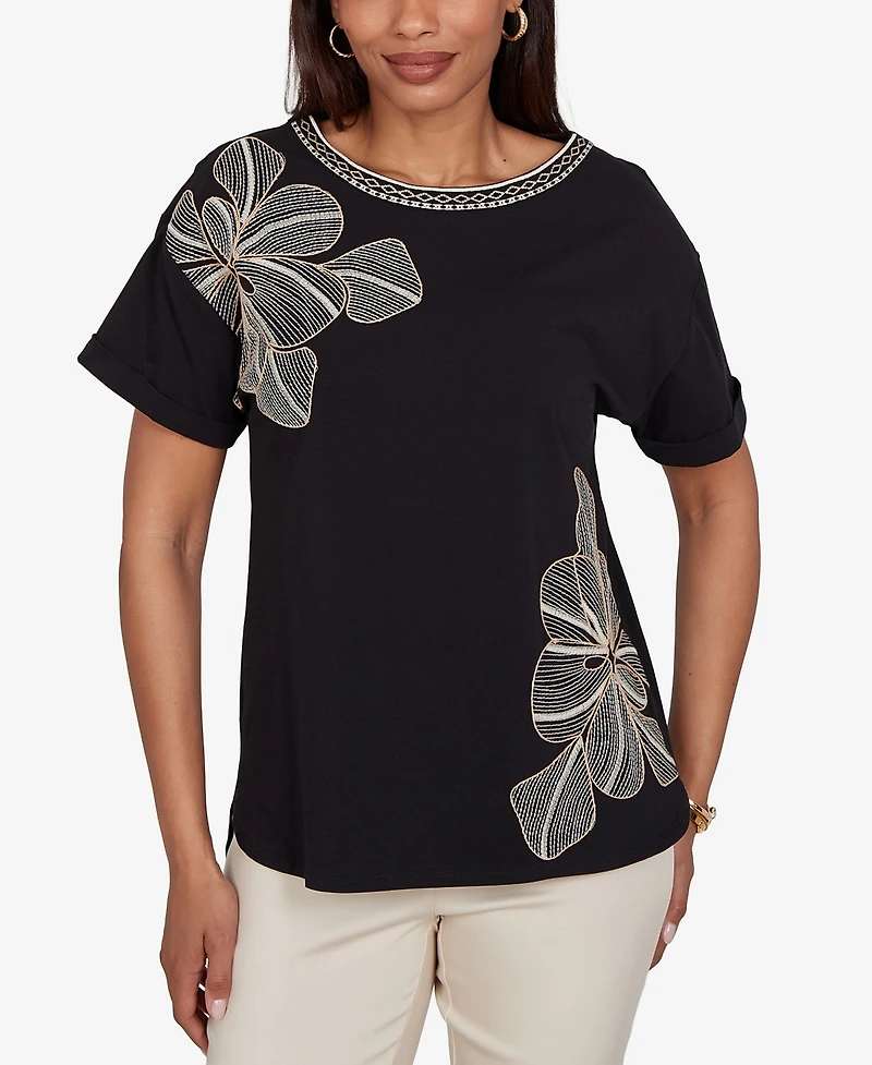 Ruby Rd. Petite Floral Noir Embroidered Knit Top