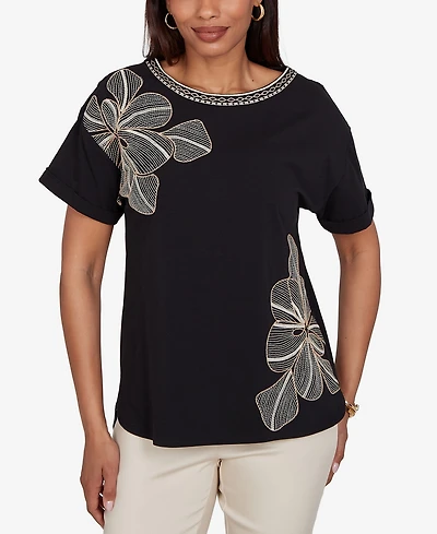 Ruby Rd. Petite Floral Noir Embroidered Knit Top