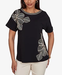 Ruby Rd. Petite Floral Noir Embroidered Knit Top