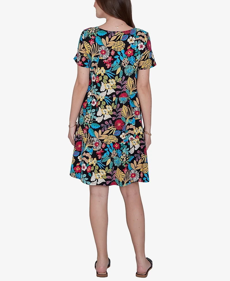 Ruby Rd. Petite Tropical Print Tiered Cotton Knit Pocket Dress