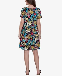 Ruby Rd. Petite Tropical Print Tiered Cotton Knit Pocket Dress