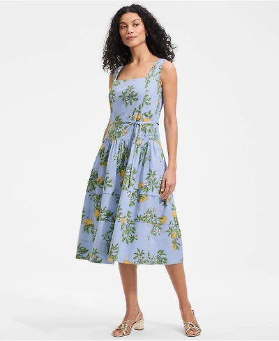 Lands' End Women's Poplin Square Neck Midi Tie Waist Dress