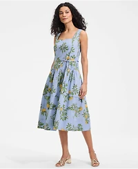 Lands' End Women's Poplin Square Neck Midi Tie Waist Dress