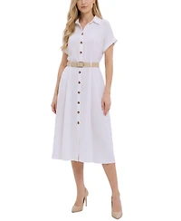 Ny Collection Women's Short-Sleeve Button Front Belted A-Line Dress