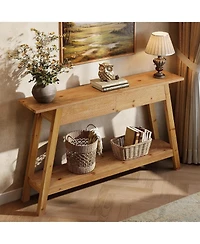 Tribesigns Solid Wood Console Table, 43.31" Entryway Table with 2 Drawers, 2-Tier Wood Sofa Console with Storage