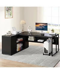 Tribesigns 71 inch Executive Desk, L Shaped Desk with Cabinet Storage, Office Shelves, Business Furniture Set Workstation