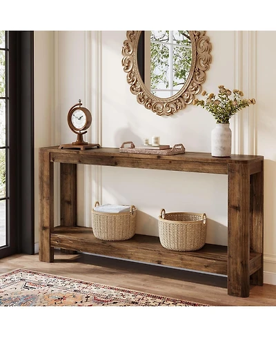 Tribesigns Solid Wood Console Table for Entryway, 63" Farmhouse Slim Sofa Table with 2-Tier Storage Shelf, Rustic Modern Narrow Hall Entry Furniture