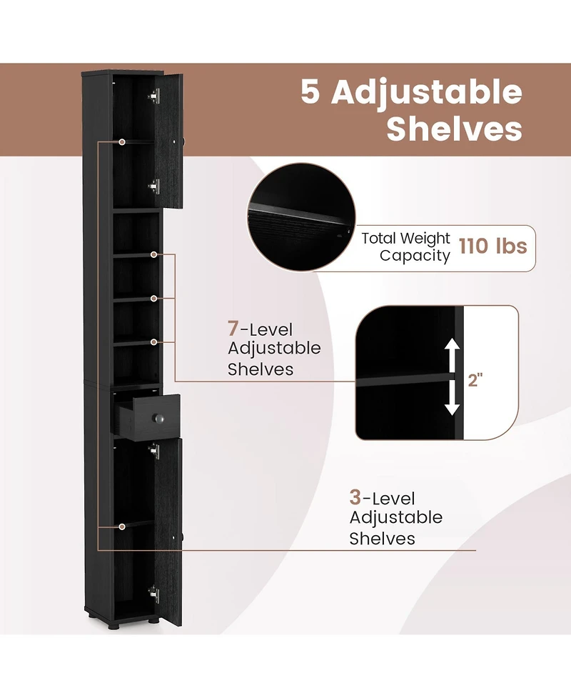 sumyeg Freestanding Slim Bathroom Storage Cabinet with Drawer and Adjustable Shelves