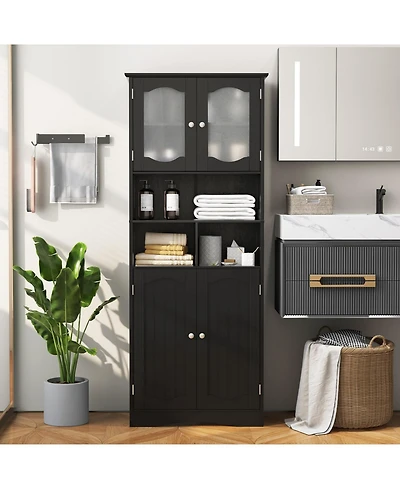 sumyeg 58.5 Inch Freestanding Linen Bathroom Storage Cabinet with Frosted Glass Doors