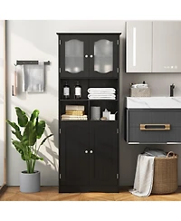 sumyeg 58.5 Inch Freestanding Linen Bathroom Storage Cabinet with Frosted Glass Doors