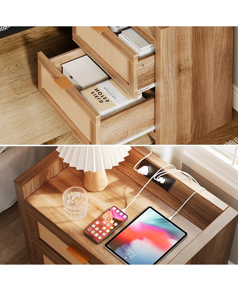 homfan Farmhouse Nightstand Set of 2 with Charging Station, 2 Rattan Storage Drawers End Table for Bedroom and Living Room