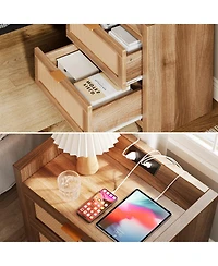 homfan Farmhouse Nightstand Set of 2 with Charging Station, 2 Rattan Storage Drawers End Table for Bedroom and Living Room