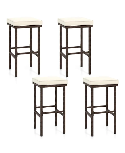 Gymax Set of 4 Wicker Bar Stools with Removable Seat Cushions Footrest