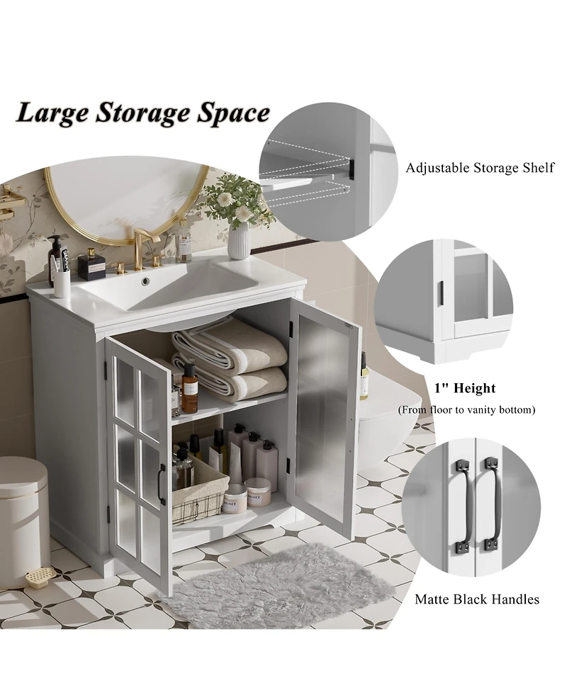 Airsurfer 30 Inch Modern Bathroom Vanity with Ceramic Sink Cabinet White