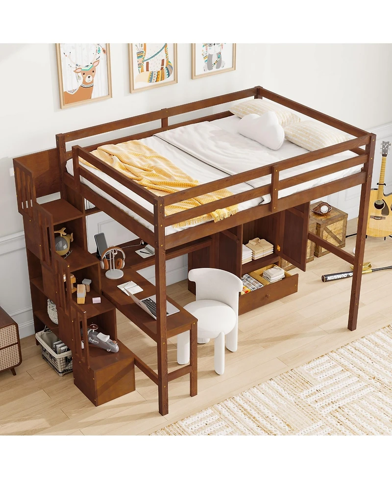 Clihome Full Loft Wood Bed with Desk, Book shelves and Wardrobe Doors Drawer