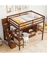 Clihome Full Loft Wood Bed with Desk, Book shelves and Wardrobe Doors Drawer