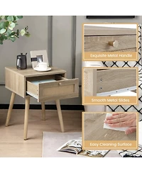 Gouun Set of 2 Modern Rattan Nightstands with Drawer and Solid Wood Legs