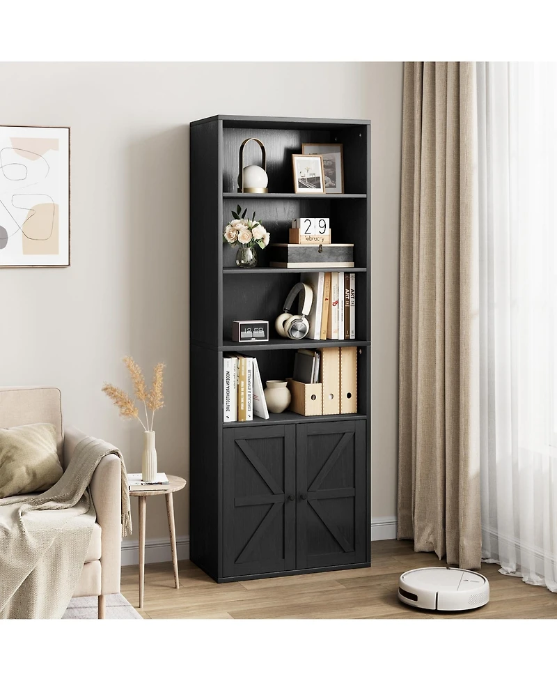 gaomon 71.4 Inch Tall Farmhouse 6 Tier Bookcase with Barn Doors and Storage Cabinet