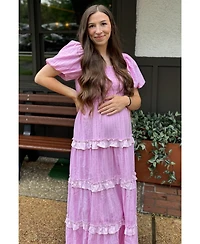 Pinkblush Maternity Pink Smocked Ruffle Tiered Puff Sleeve Maxi Dress