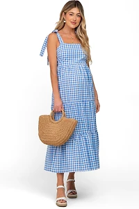 Pinkblush Maternity Blue Checkered Sleeveless Tiered Maxi Dress