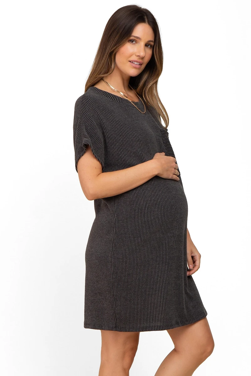 Pinkblush Maternity Charcoal Ribbed Front Pocket Dolman Short Sleeve Dress