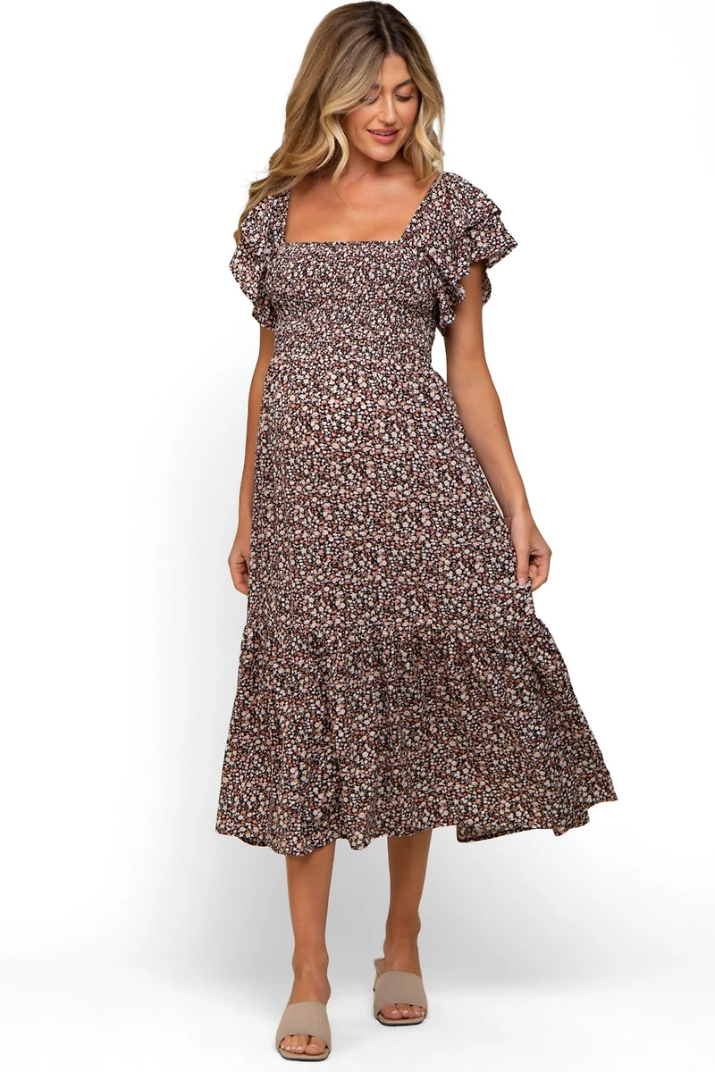 Pinkblush Maternity Cream Floral Flutter Midi Dress