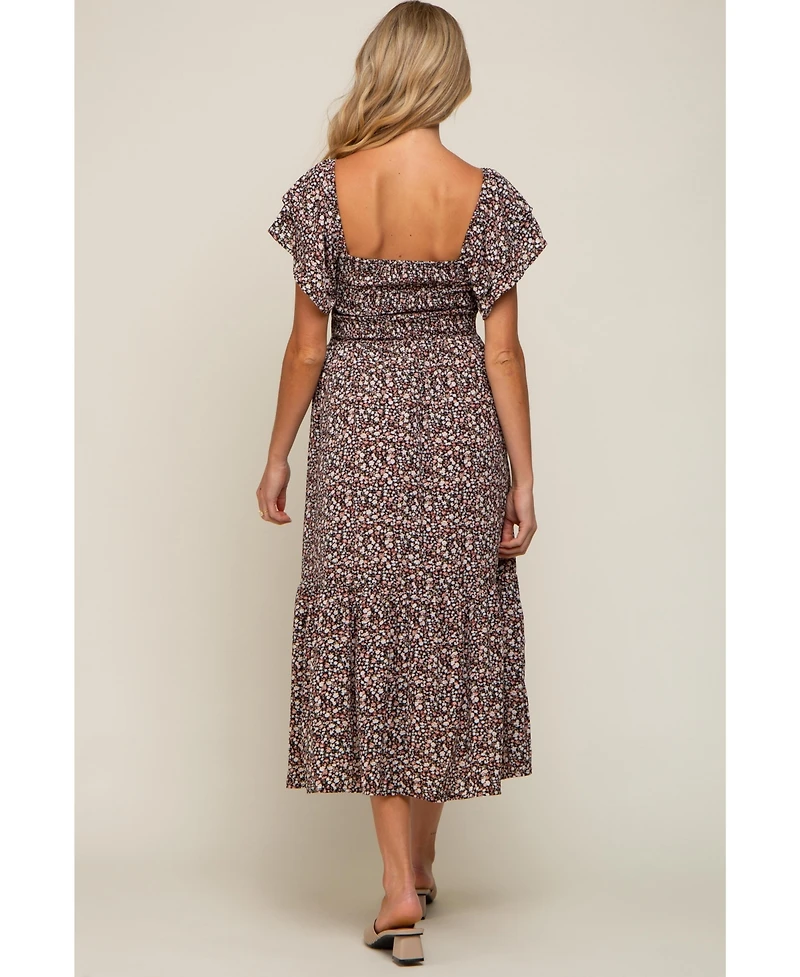 Pinkblush Maternity Cream Floral Flutter Midi Dress