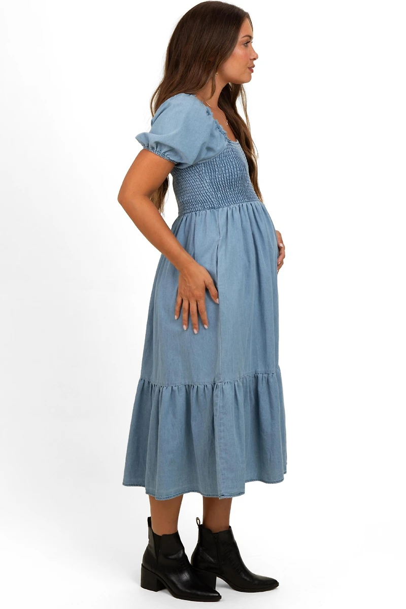 Pinkblush Maternity Light Blue Vintage Wash Chambray Smocked Midi Dress
