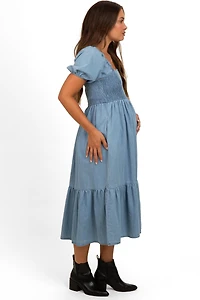 Pinkblush Maternity Light Blue Vintage Wash Chambray Smocked Midi Dress