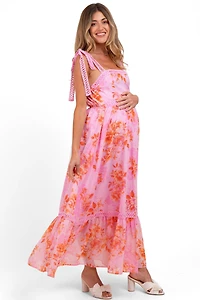 Pinkblush Maternity Pink Floral Shoulder Tie Tiered Maxi Dress