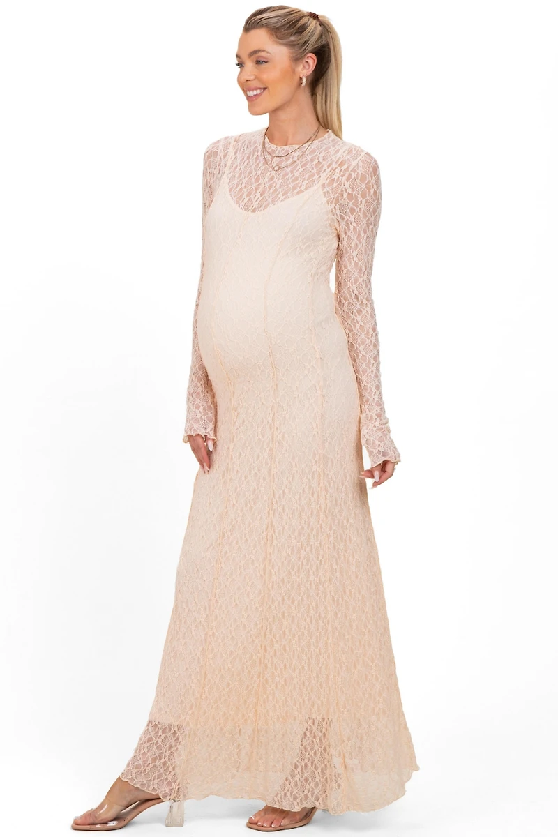 Pinkblush Maternity White Lace Mock Neck Long Sleeve Maxi Dress