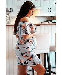 Pinkblush Maternity Light Blue Rose Print Ruffle Fitted Dress
