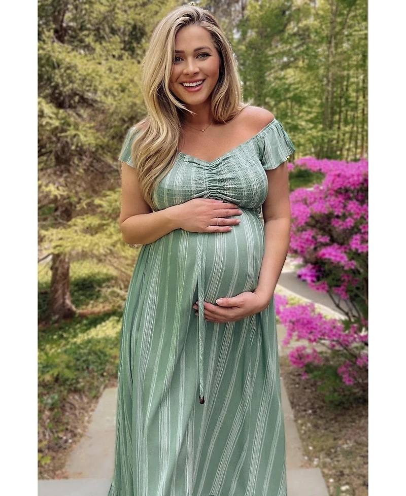 Pinkblush Maternity Green Striped Off Shoulder Front Tie Maxi Dress
