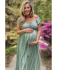 Pinkblush Maternity Green Striped Off Shoulder Front Tie Maxi Dress