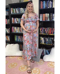Pinkblush Maternity Blue Floral Smocked Square Neck Tiered Maxi Dress