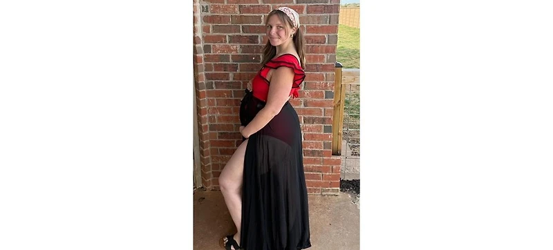 Pinkblush Maternity Red Color Blocked Ruffle Shoulder Cutout Back One Piece Swimsuit