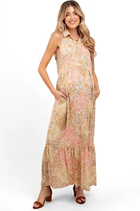 Pinkblush Maternity Peach Floral Sleeveless Button Tiered Collared Maxi Dress