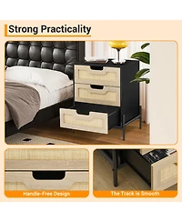 homfan Boho Farmhouse Rattan Coffee Table with 3 Drawers, Mid-Century Modern Compact Table, Easy Assembly for Bedroom and Living Room