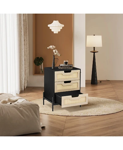 homfan Boho Farmhouse Rattan Coffee Table with 3 Drawers, Mid-Century Modern Compact Table, Easy Assembly for Bedroom and Living Room