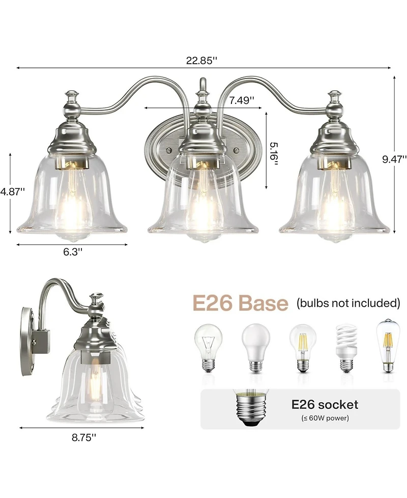 Tribesigns 3-Light Bathroom Light Fixtures, Modern Vanity Light with Clear Glass Shade, Bathroom Wall Lamp (Bulbs Not Included)