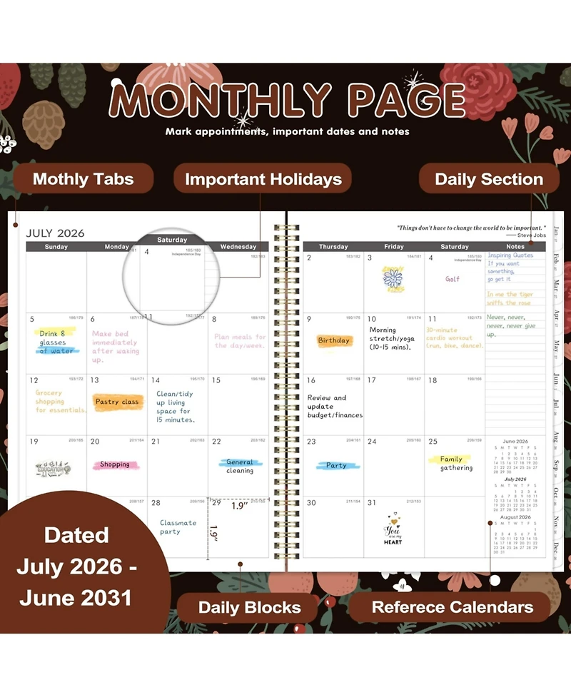 Gnuadz Monthly Planner 2026-2031 5 Year Calendar Tabs Twin-wire Pocket