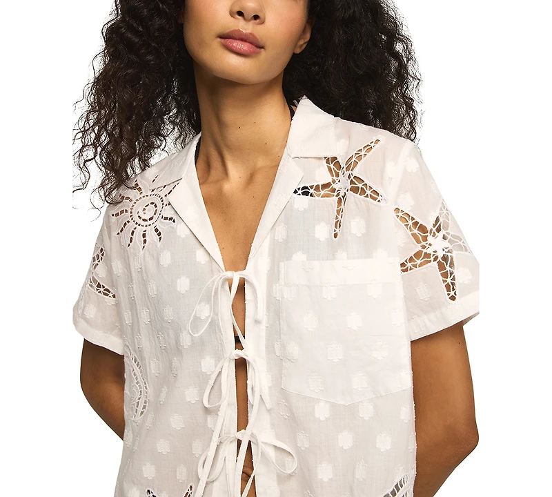 Lucky Brand Women's Novelty Tie-Front Short-Sleeve Shirt