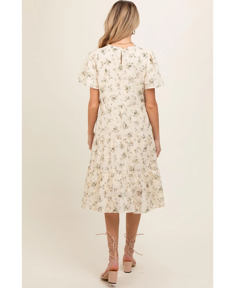 Pinkblush Maternity Cream Floral Print Eyelet Lace Dress