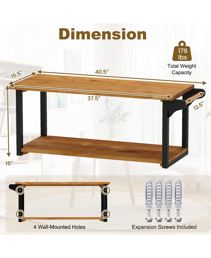 sumyeg Teak Wood Wall Mounted Floating Shelves with Integrated Towel Bar