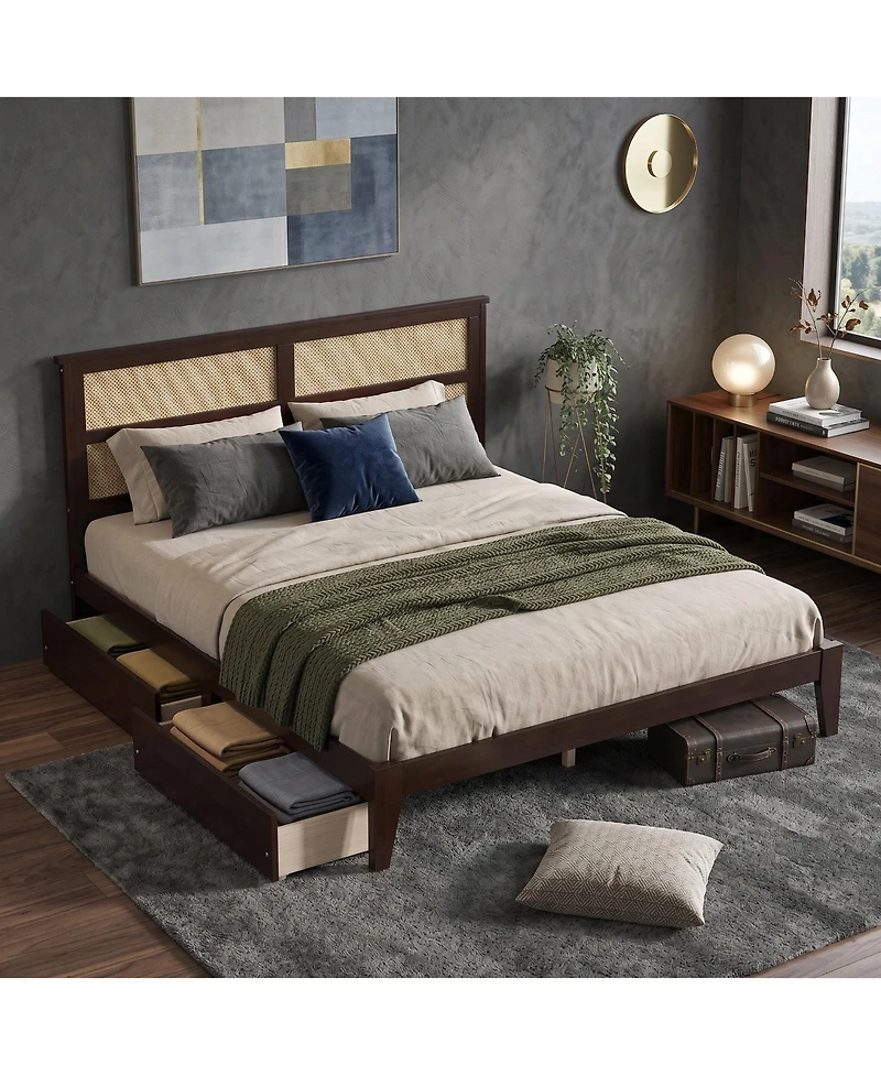 Sailvan Bed with Rattan Headboard, 2 Drawers