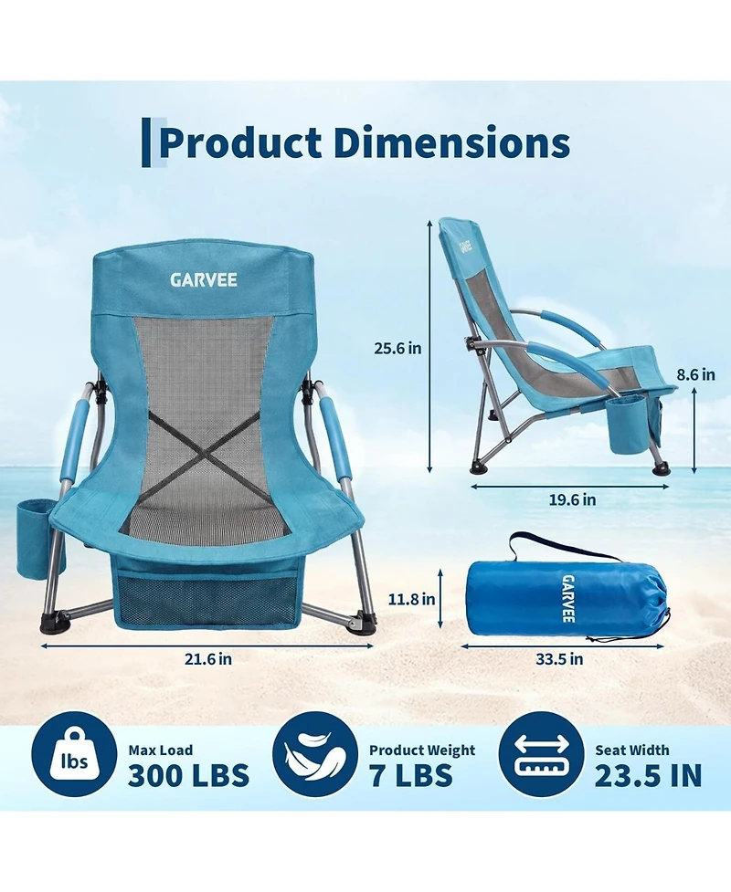 Xo 2 Pack Lightweight Low Back Beach Chair, Folding Portable Camping Chairs for Camping, Beach, Travel