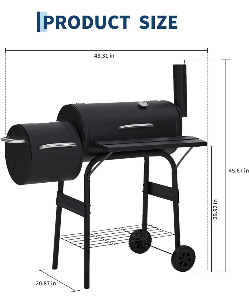 Xo Charcoal Grill with Offset Smoker, Barrel Bbq Smoker Combo with Wheels for Patio Camping Party