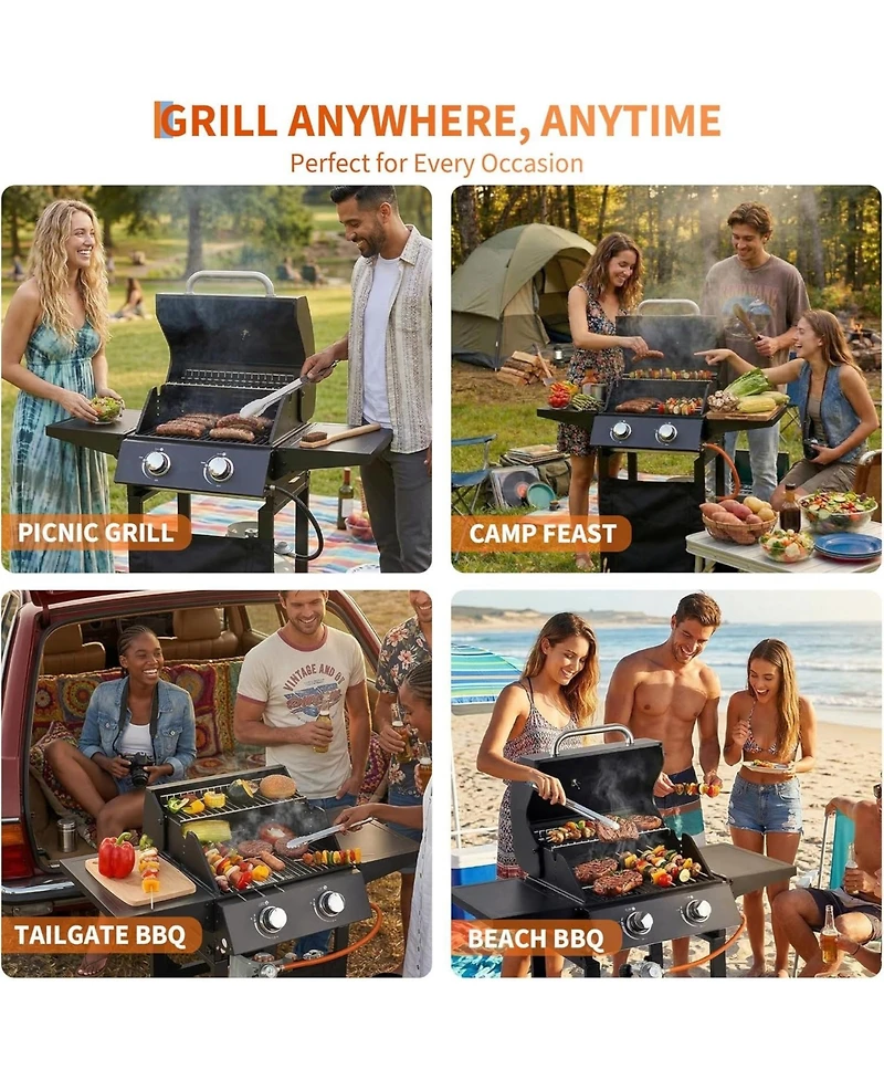 Xo 2-Burner Propane Gas Grill, 16,000 Btu Bbq Grill with Side Shelves for Patio Tailgating