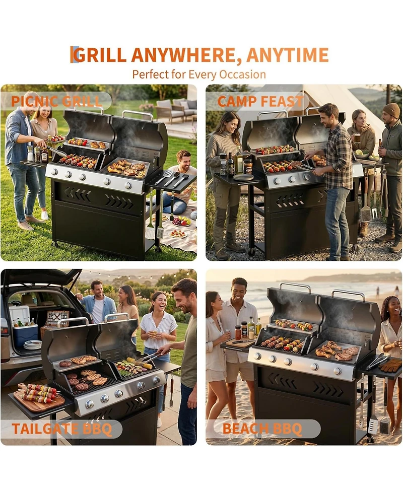 Xo 5-Burner Propane Gas Griddle Grill Combo, 40,000 Btu Stainless Steel Bbq for Backyard Kitchen